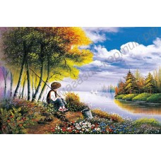 Пейзаж: рыбачащий мальчик, выполненный маслом на холсте